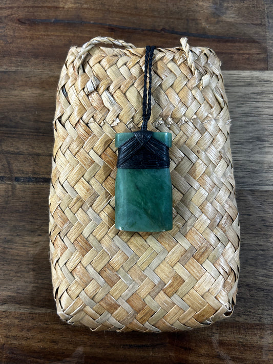 Pounamu greenstone toki (adze) necklace with black strapping