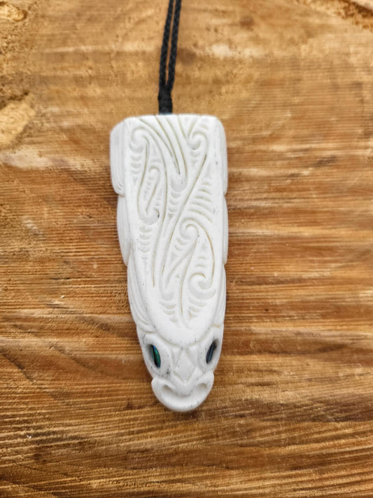 whalebone and paua shell carved eel necklace (taonga)