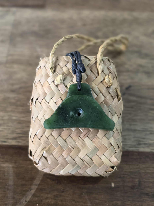 Pounamu (greenstone) shepherds whistle necklace on black braid