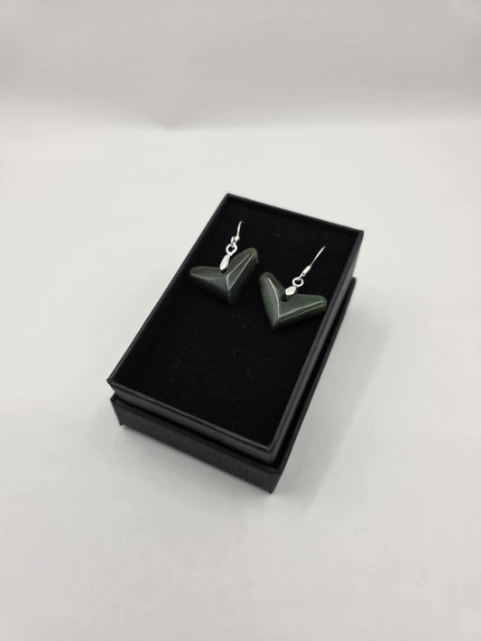 carved pounamu earrings (triangular), on silver colour fittings