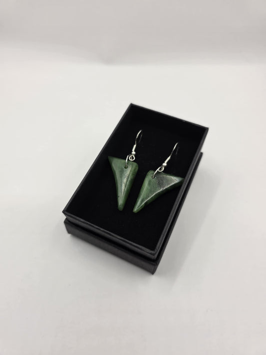 carved pounamu earrings (triangular), on silver colour fittings